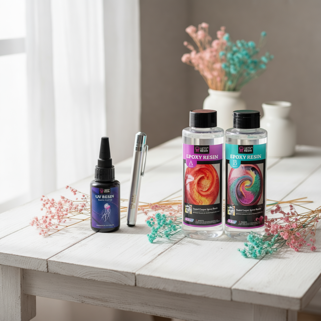 Epoxy Resin vs. UV Resin: Which Is Right for Your First Project? epoxy resin kit and uv resin bottle with lamp for beginners