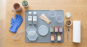 Beginner resin crafting workspace with a first-pour project ready to start.