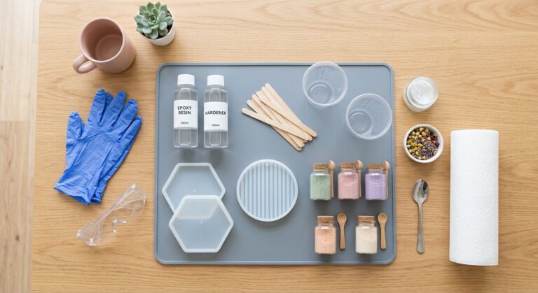 Beginner resin crafting workspace with a first-pour project ready to start.