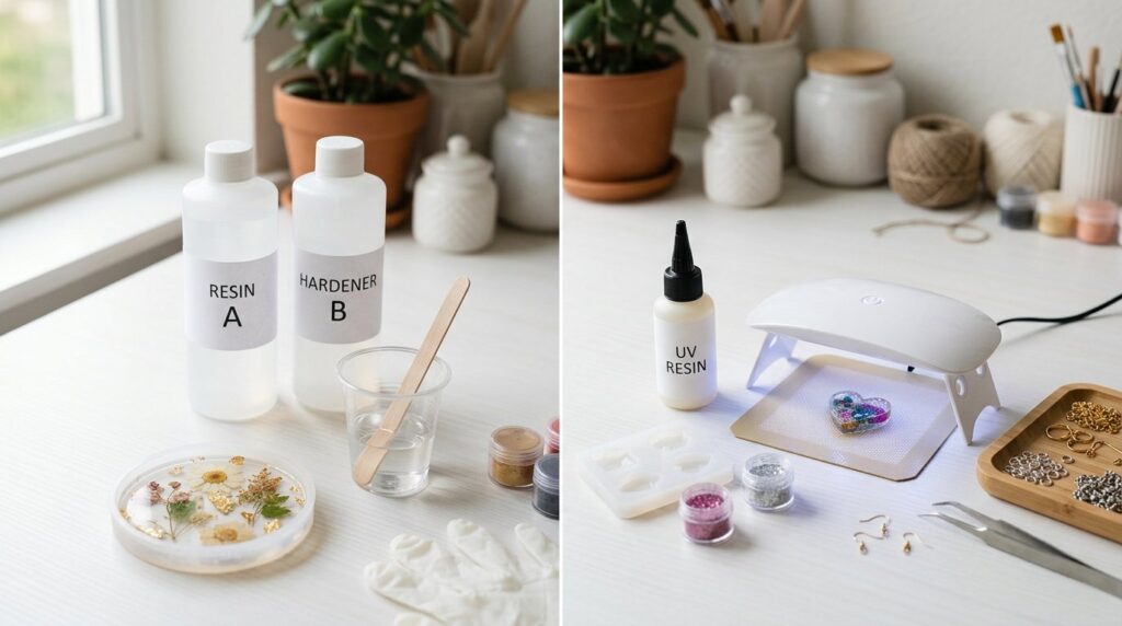 Epoxy resin and UV resin supplies shown side by side for beginner comparison.