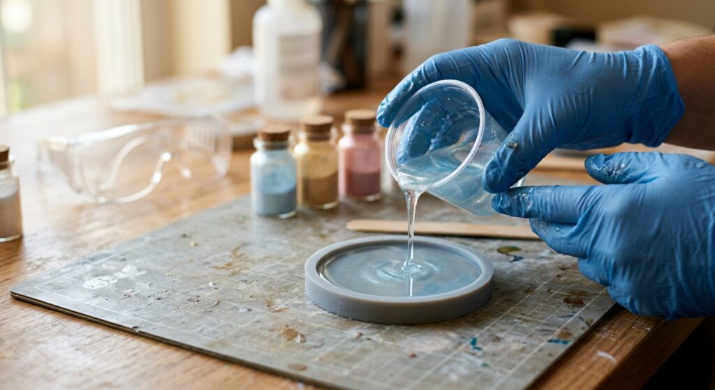 Gloved hands pouring clear epoxy resin into a silicone coaster mold for a beginner project.