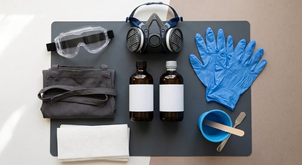 Resin safety gear for beginners including nitrile gloves, safety goggles, respirator and apron.