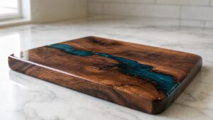 Walnut serving board with a glossy clear epoxy top coat and teal resin river inlay on a marble kitchen counter