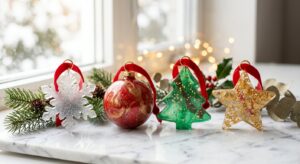 Four handmade resin Christmas ornaments — a silver-glitter snowflake, a red-and-gold bauble, an emerald tree, and a gold-flecked star — arranged on white marble by a bright window with pine sprigs and fairy lights.