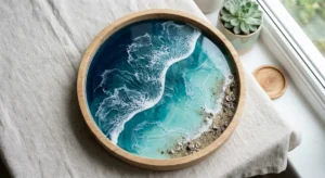 Finished resin ocean wave art in a round wooden tray with layered blues, a wave line and white foam