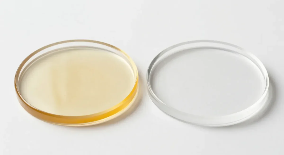 Side-by-side comparison of a yellowed amber resin coaster next to a clear, colorless resin coaster