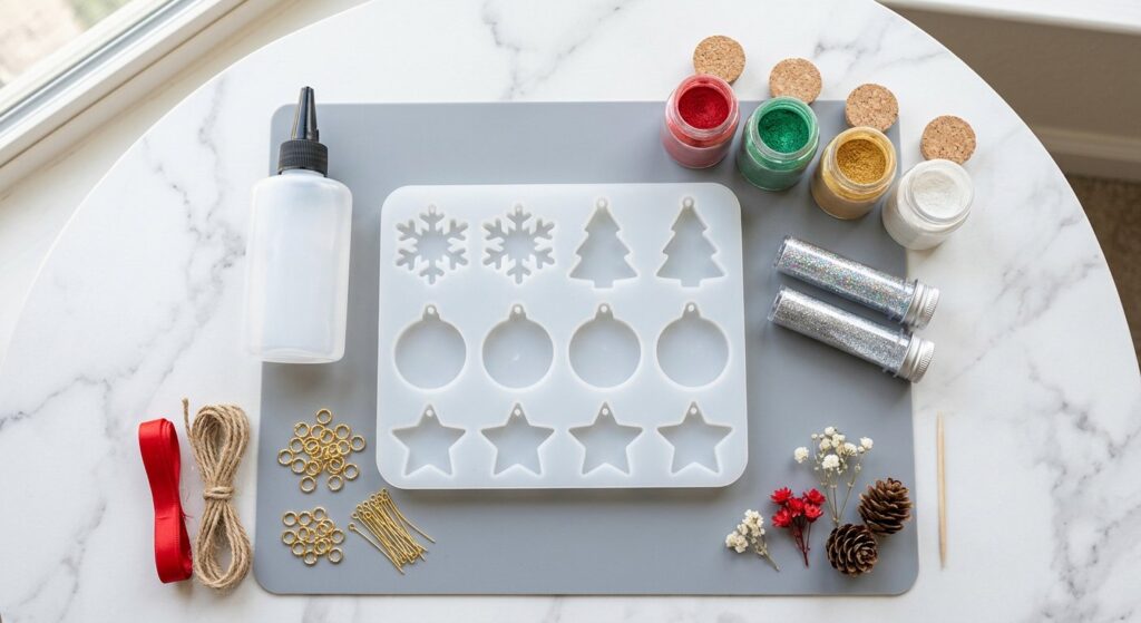 Overhead flat lay of resin ornament supplies on a silicone mat: UV resin bottle, red, green, gold and white mica powders, a snowflake/bauble/tree/star silicone mold tray, glitter, dried flowers, jump rings, ribbon, twine and a toothpick.