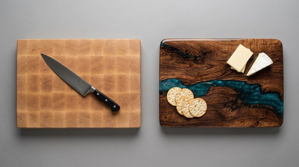 Overhead comparison of a maple end-grain cutting board with a chef's knife beside the epoxy river walnut serving board holding cheese and crackers
