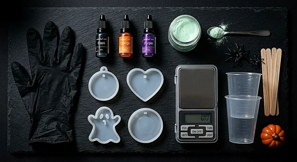 Flat lay of Halloween resin craft supplies: alcohol inks, glow pigment, small silicone molds, digital scale and nitrile gloves