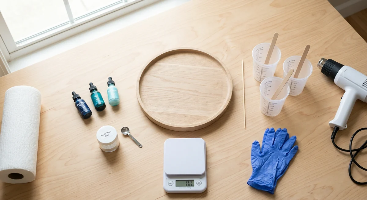 Flat lay of ocean art materials: bottles of blue and teal alcohol ink, white pearlescent mica, a round wooden tray, mixing cups, stir sticks, a skewer and a heat gun