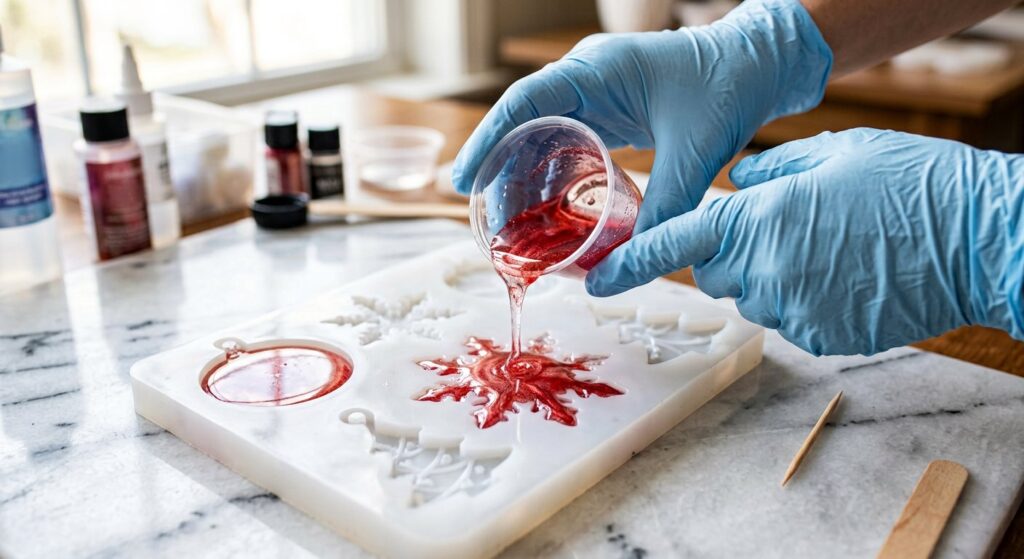 Gloved hands pouring red-tinted resin from a mixing cup into snowflake and round bauble cavities of a white silicone mold on a marble table.