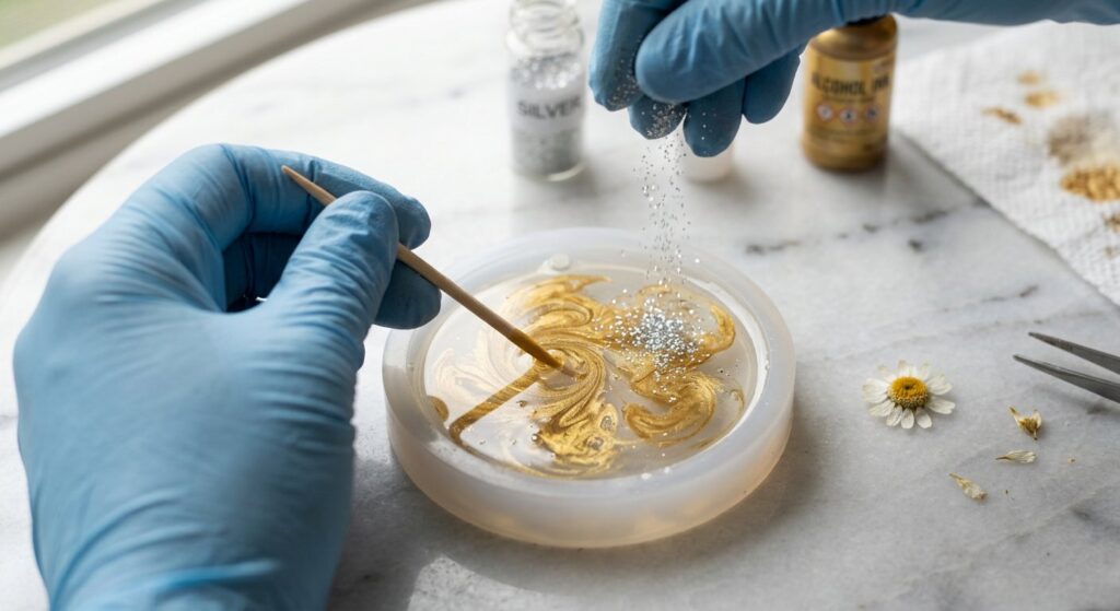 A gloved hand sprinkles silver glitter into a round mold while swirling gold pigment with a toothpick; a dried daisy waits nearby.
