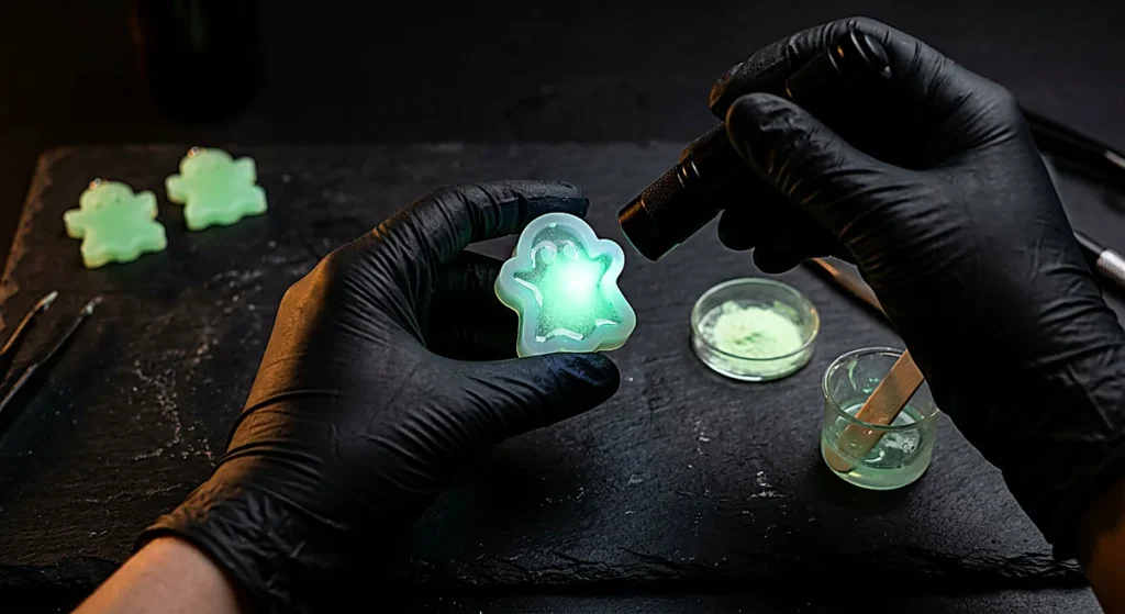 Charging glow-in-the-dark resin ghost charms under a small flashlight while wearing nitrile gloves