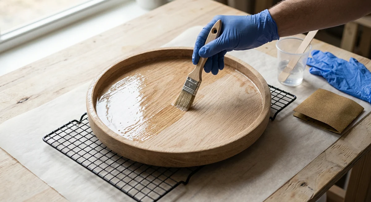 Brushing a thin seal coat of clear resin onto a round wooden tray before pouring