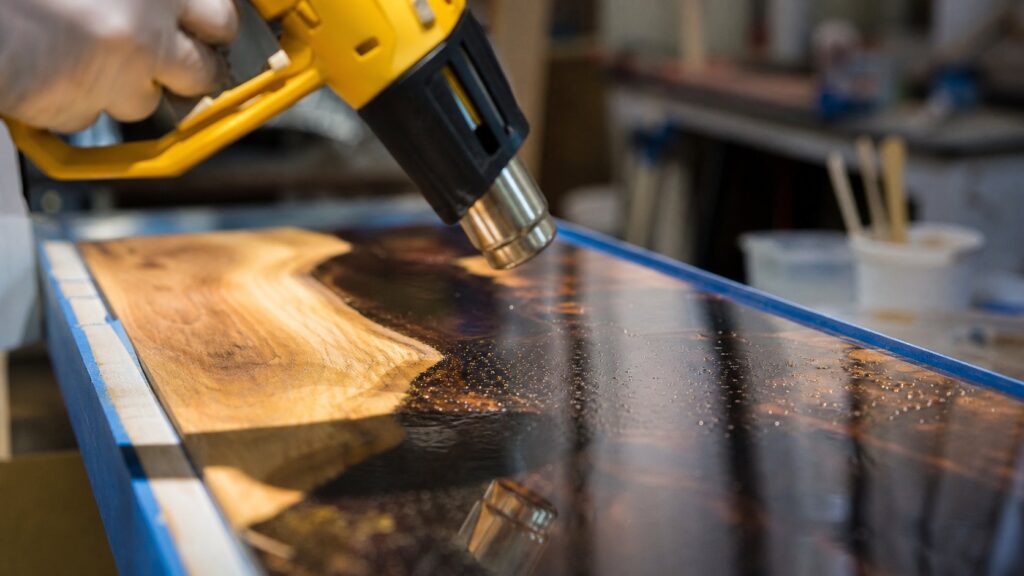 Heat gun held above a freshly poured epoxy surface popping surface bubbles on a wood board