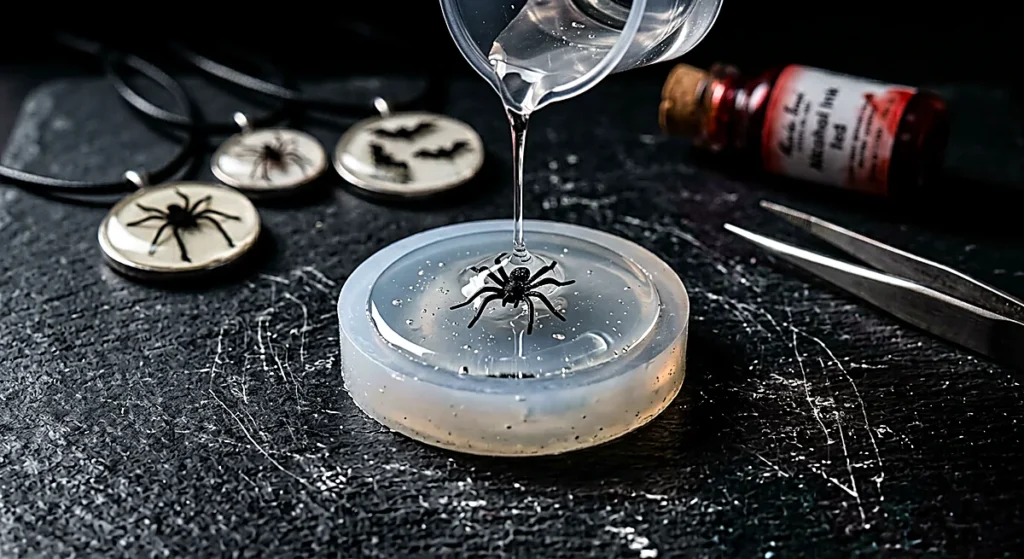 A plastic spider suspended in clear resin inside a round pendant mold