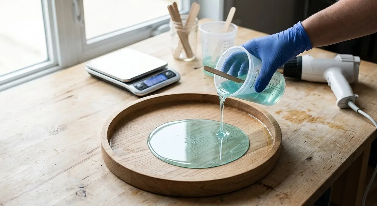 Pouring a pale aqua resin base layer into a round wooden tray