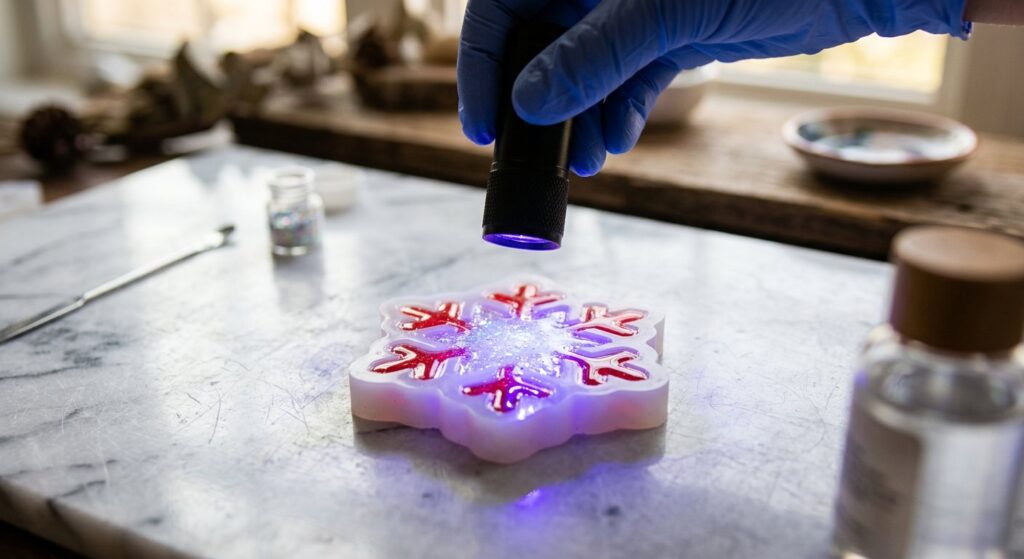 A UV flashlight held over a snowflake mold, casting a violet glow over the glitter-filled resin cavity.