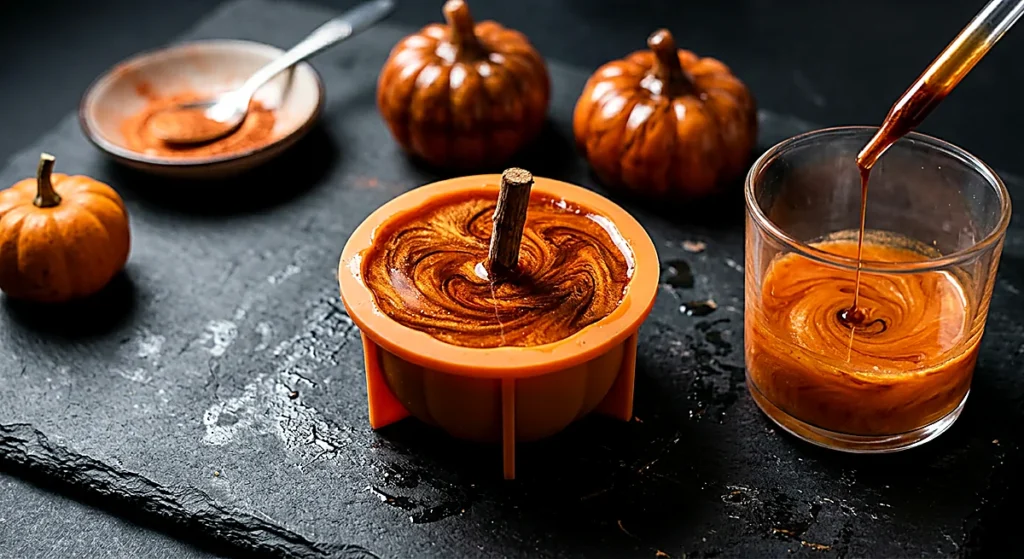 Orange and brown swirled resin poured into a pumpkin-shaped mold with a toothpick stem
