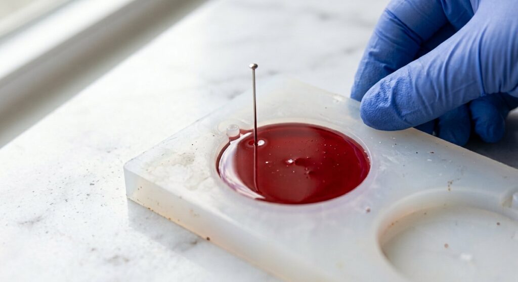 A straight pin set into the tacky red resin at the hanging-hole tab of a round ornament mold, forming a clean pre-made hole before full cure.