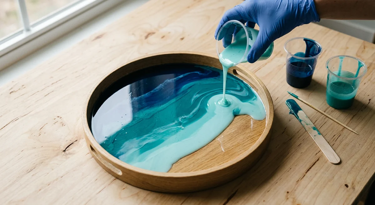 Layering navy, teal and aqua resin into the tray in distinct bands