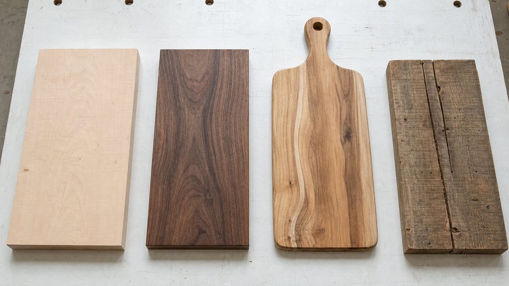 Four unfinished wood boards compared: kiln-dried maple, walnut, acacia serving board and cracked pallet wood