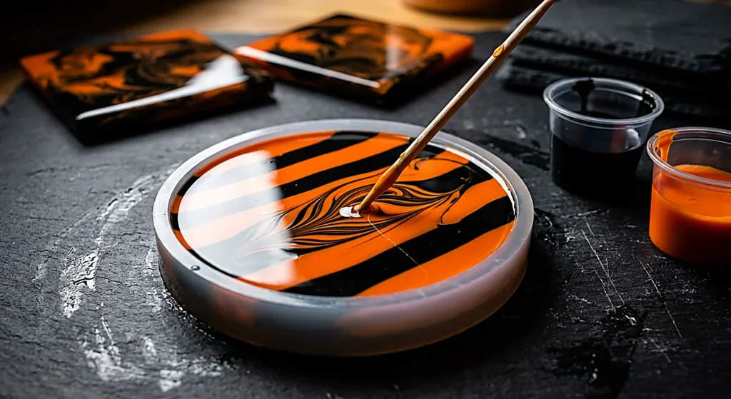 A toothpick dragging black and orange resin into a marbled swirl in a round coaster mold