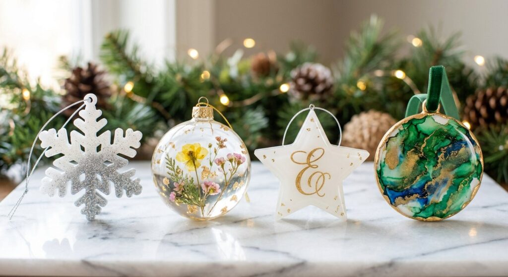 Four finished ornament designs in a row: a silver-glitter gradient snowflake, a pressed-flower bauble, a gold monogram star, and a green-and-gold geode swirl.
