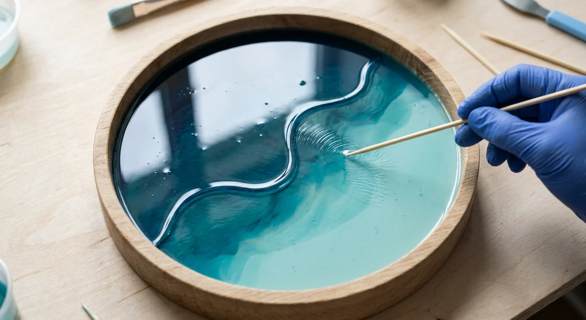 Dragging a skewer through wet resin to shape a curved ocean wave line