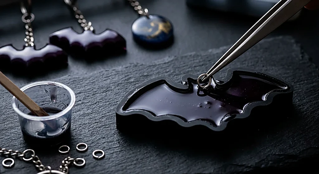 Pressing a silver jump ring into a bat-shaped mold filled with dark purple-black resin