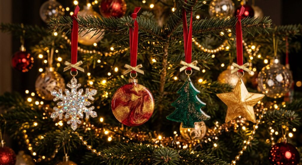 Handmade resin snowflake, red-gold bauble, green tree and gold star ornaments hanging on a lit Christmas tree with warm bokeh lights.
