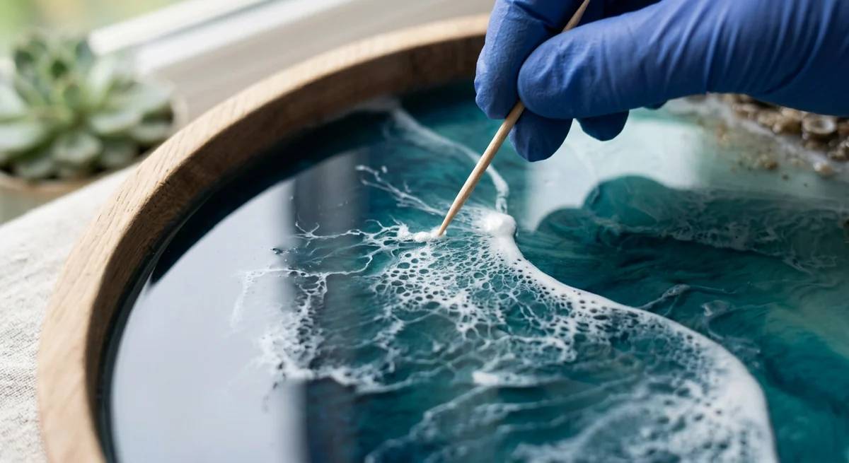 Pushing a thin line of white resin with gentle heat to create lacy sea foam