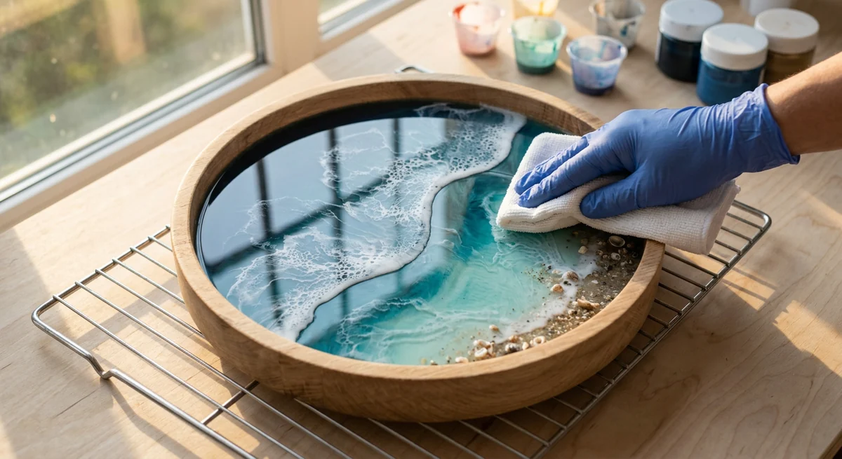 Wiping a fully cured, glass-smooth resin ocean wave tray with a lint-free cloth