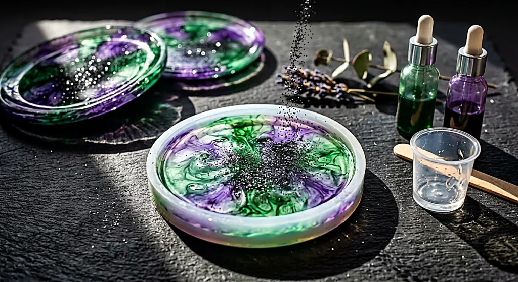 Green and purple alcohol ink swirling in resin with black glitter sprinkled on top, like a bubbling potion