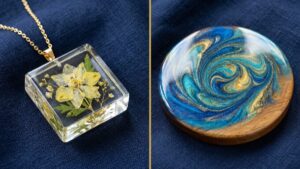 Side-by-side comparison of a deep-cast resin pendant with embedded flower and a glossy resin-coated coaster