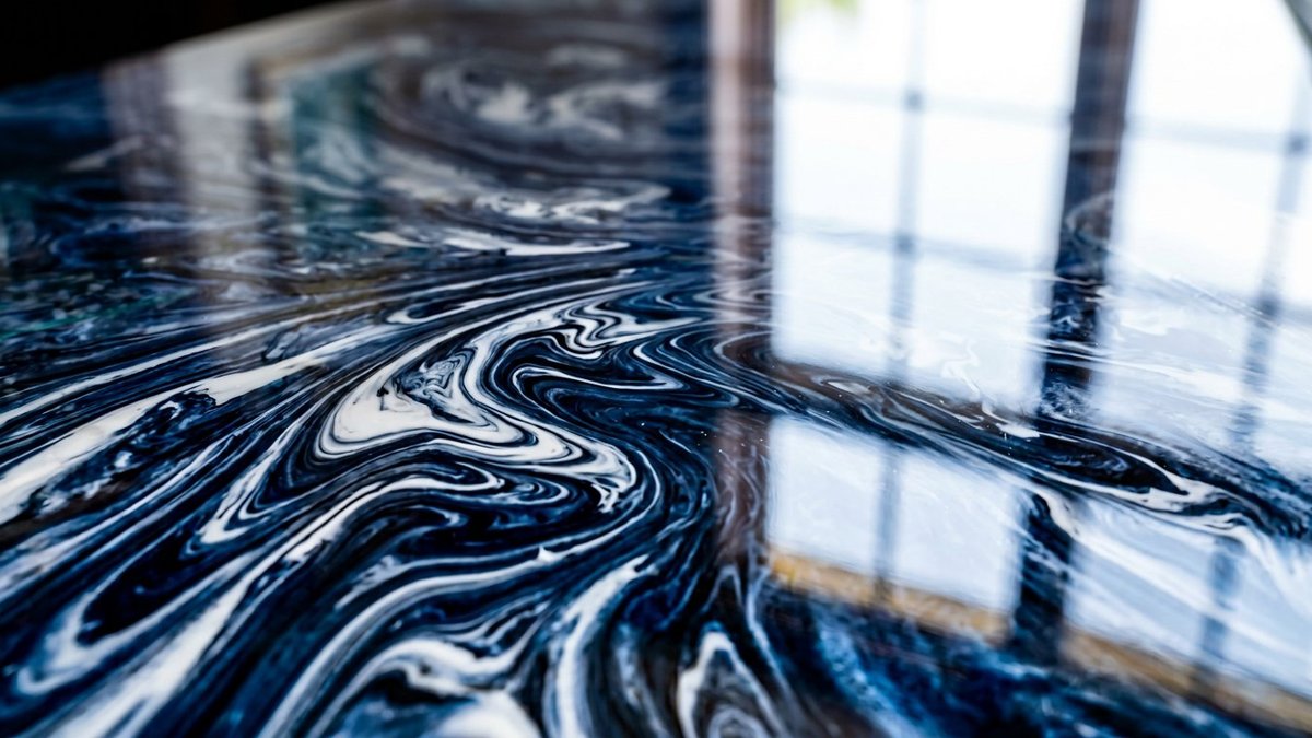 Close-up of a glossy mirror-flat epoxy resin coated bar top