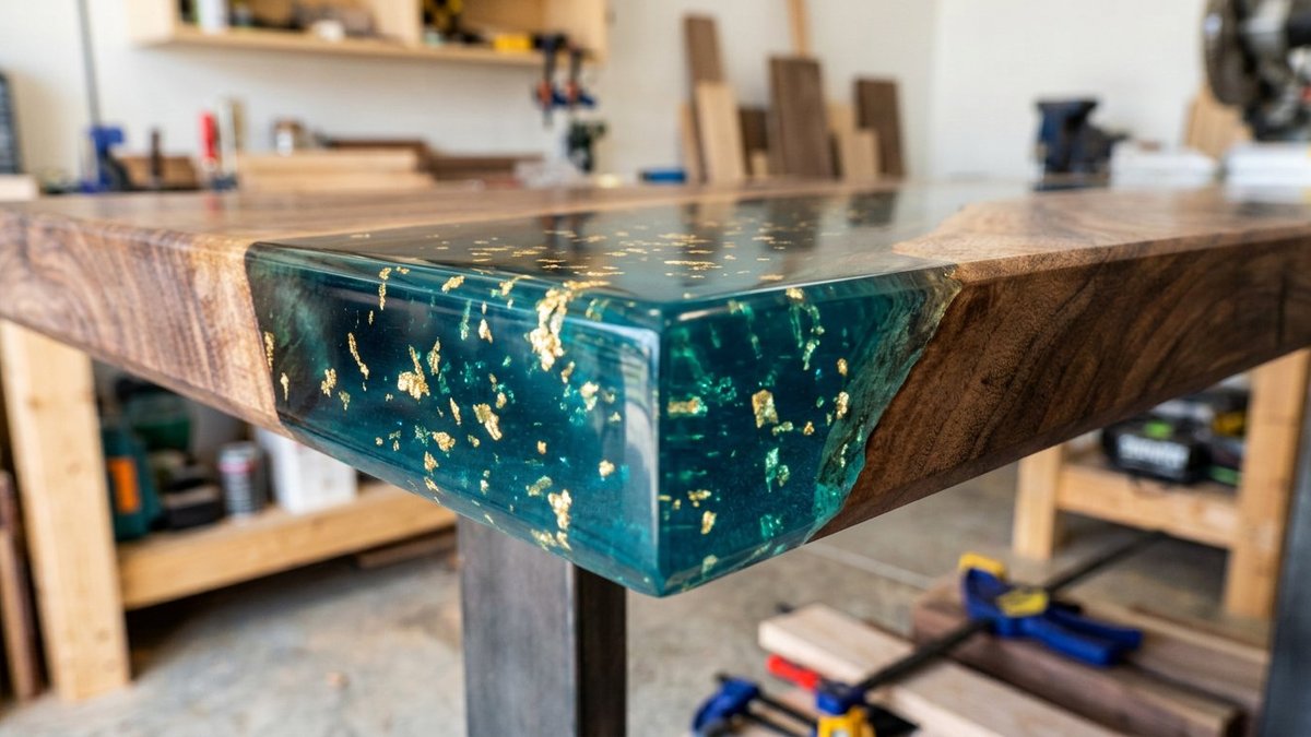 Deep-pour epoxy river table corner showing thick clear blue-tinted resin between walnut slabs
