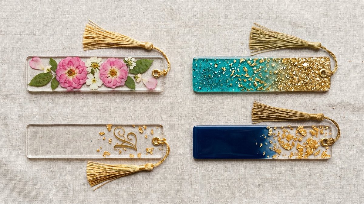 Four resin bookmark designs: pressed flowers, glitter ombre, gold monogram and navy color-block