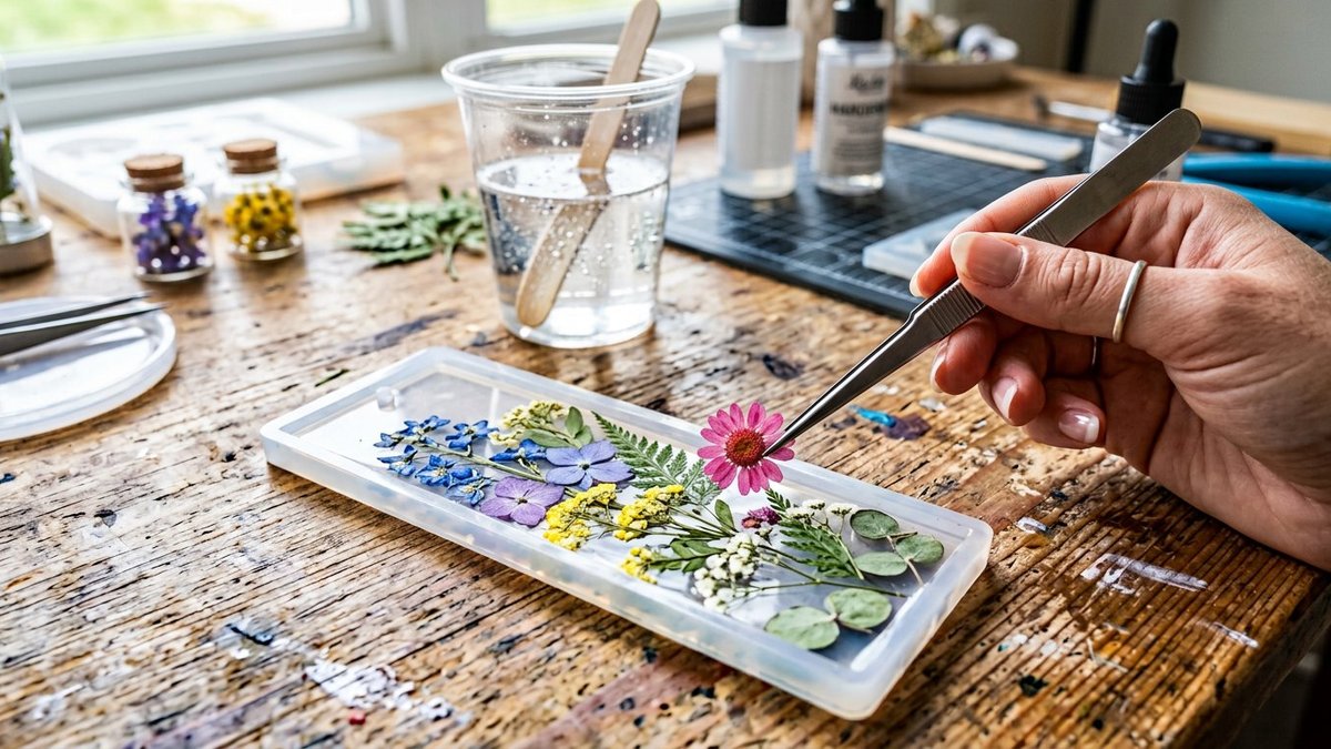 Pressed flowers being arranged inside a silicone bookmark mold with tweezers before pouring resin