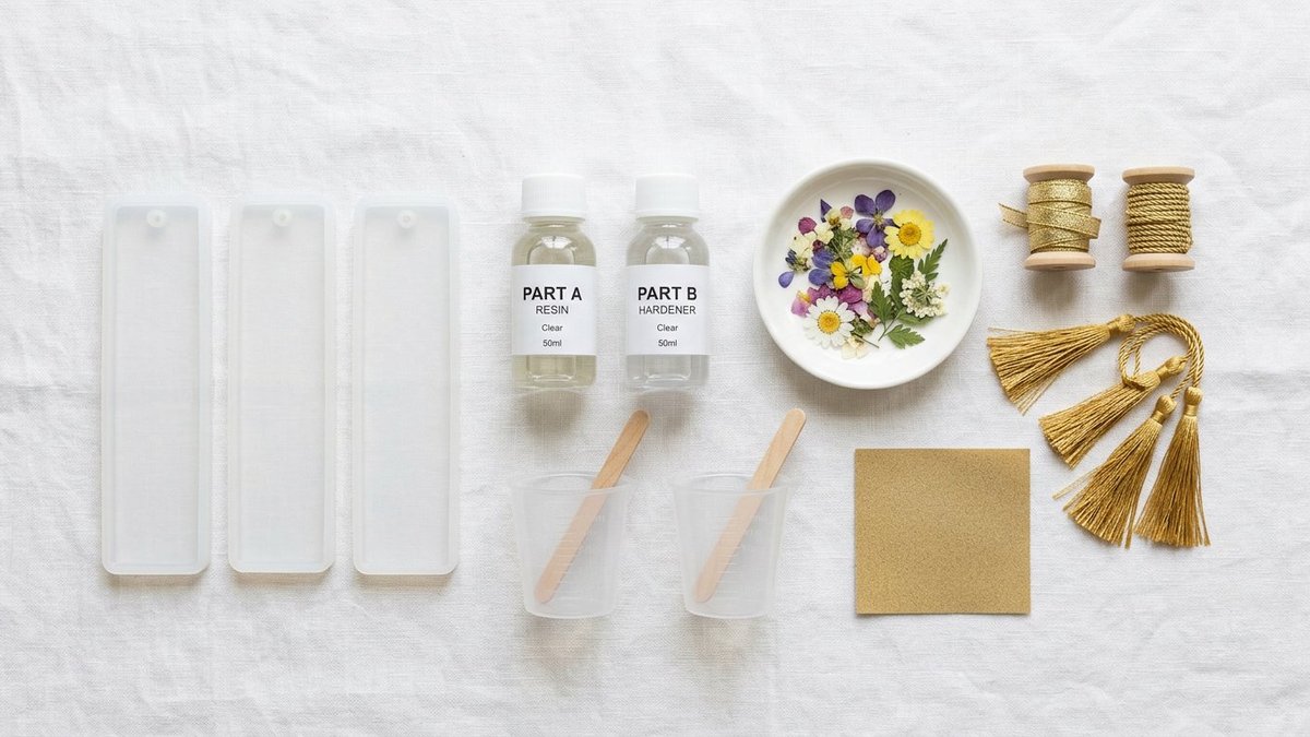 Flat lay of resin bookmark supplies: silicone molds, epoxy bottles, pressed flowers, tassels, sandpaper, mixing cups