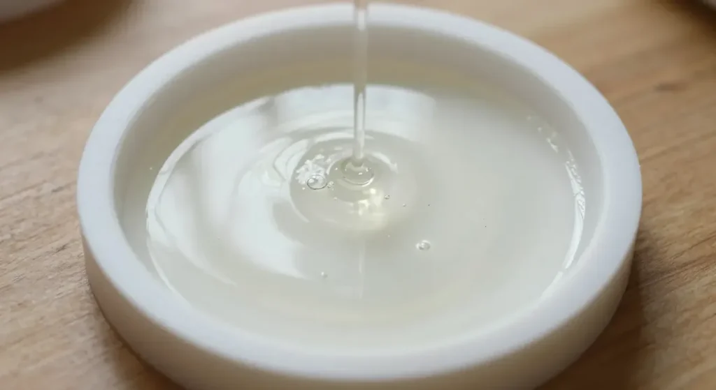 Clear epoxy resin poured in a thin, low stream into a round silicone coaster mold, with a few small bubbles on the surface