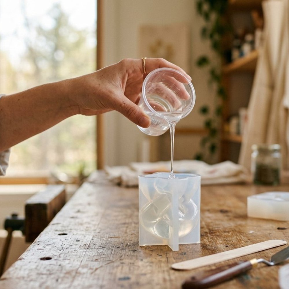 Pouring epoxy resin into a sculpture mold in an art studio