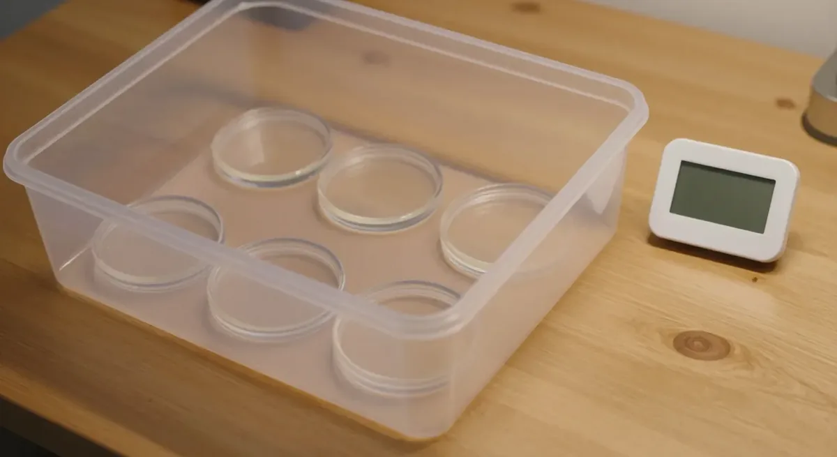 Clear resin coasters curing on a silicone mat under an upturned clear plastic box, with a small room thermometer beside it