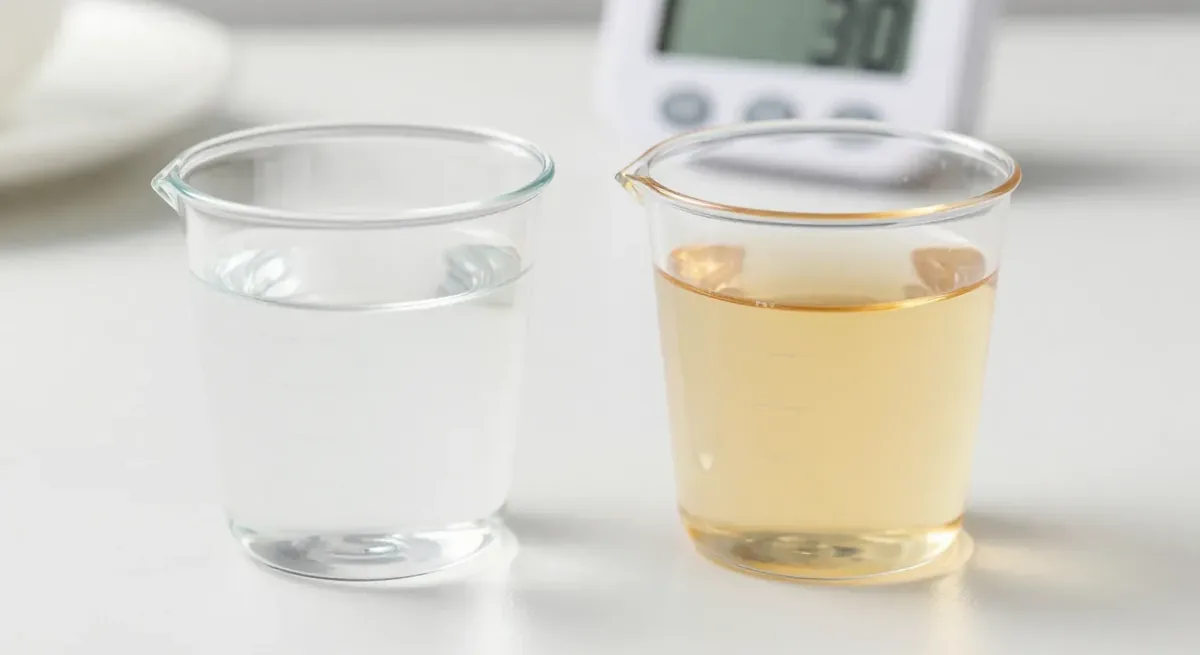 Two clear mixing cups filled to the same level, one with clear resin and one with pale amber hardener, with a kitchen timer behind them
