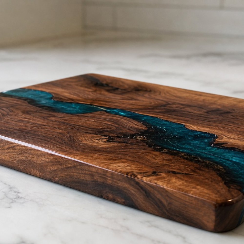 Walnut serving board with glossy epoxy river inlay