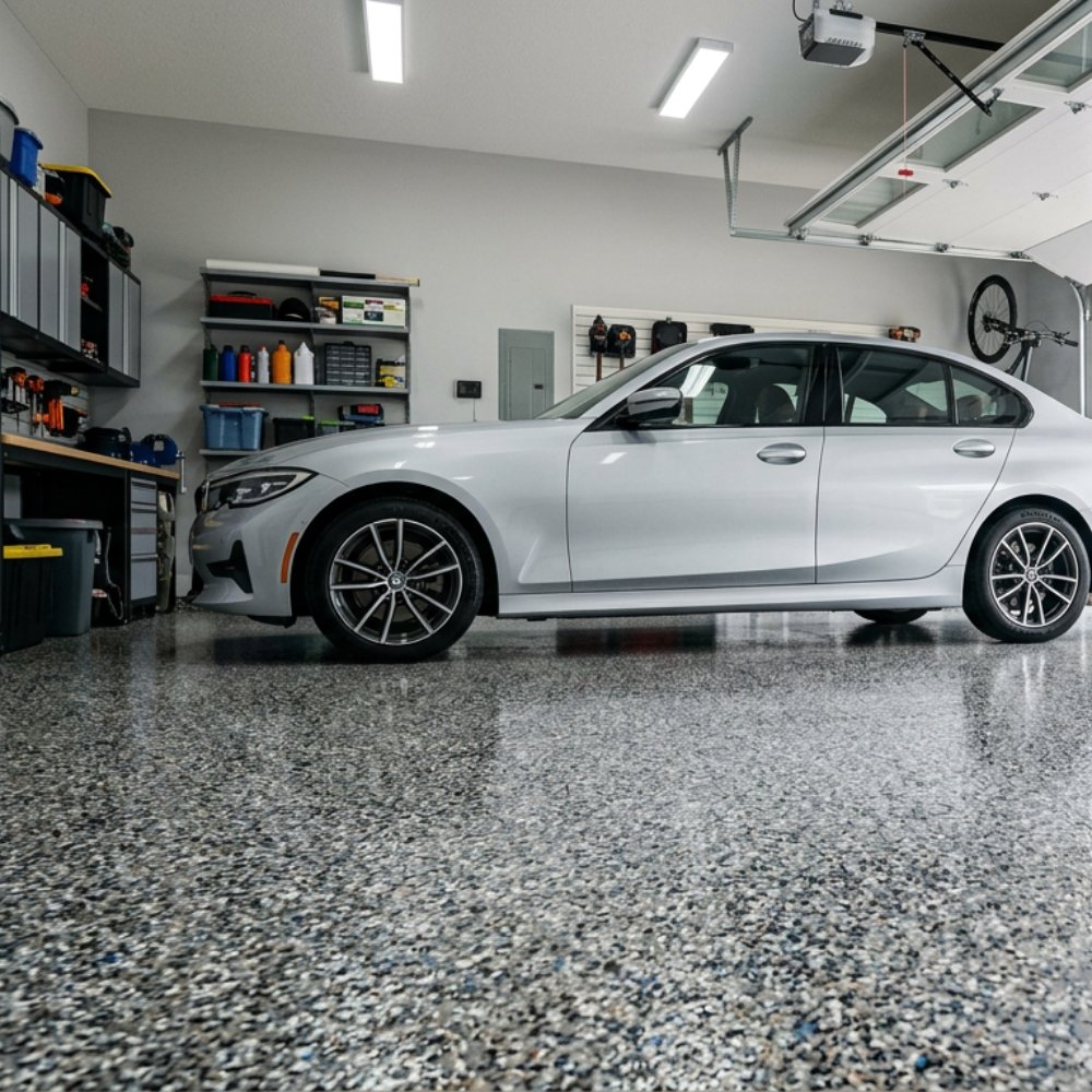 Glossy epoxy flake garage floor coating with a car parked on it