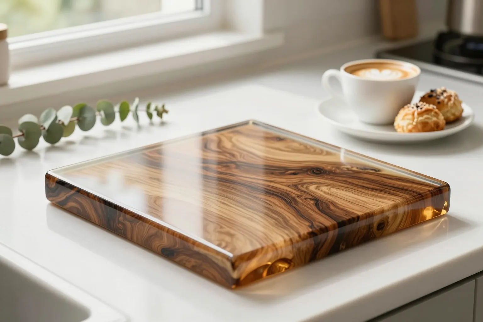 Finished glossy epoxy resin serving tray styled with a coffee cup, pastries, and flowers on a kitchen counter