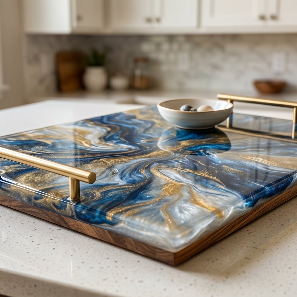 Glossy blue and gold marbled epoxy serving tray on a kitchen counter