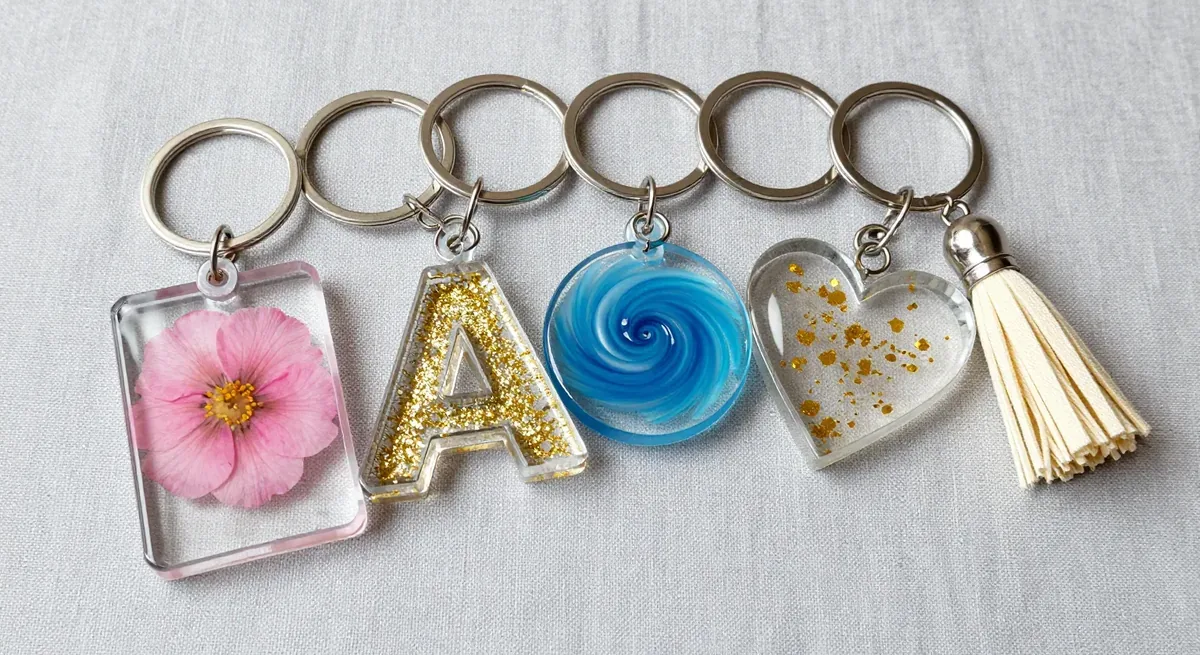 Five finished resin keychains on split rings: a pressed-flower rectangle, a gold-glitter letter A, a blue swirl, a clear heart with gold flakes and a cream tassel