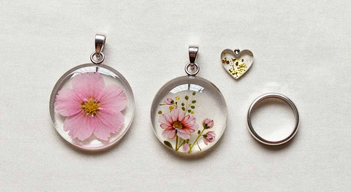 Finished UV resin pieces on linen: a pressed-flower pendant, a domed floral pendant, a small heart charm with gold flakes and a silver ring